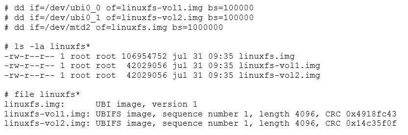 /dev/mtd2, /dev/ubi0_0, and /dev/ubi0_1