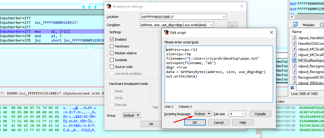 script in the conditional breakpoint