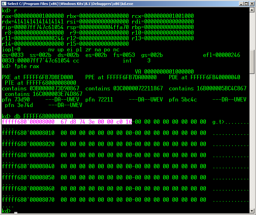 execute the command "!pte 0x1000000" in KD