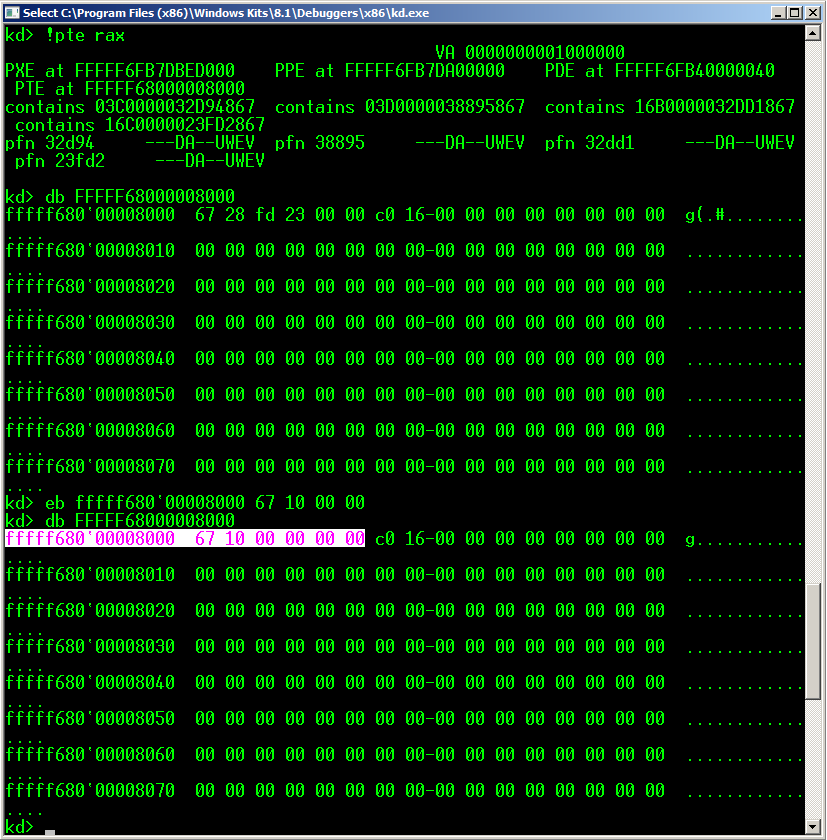 kernel debugger to overwrite the physical address used by this PTE