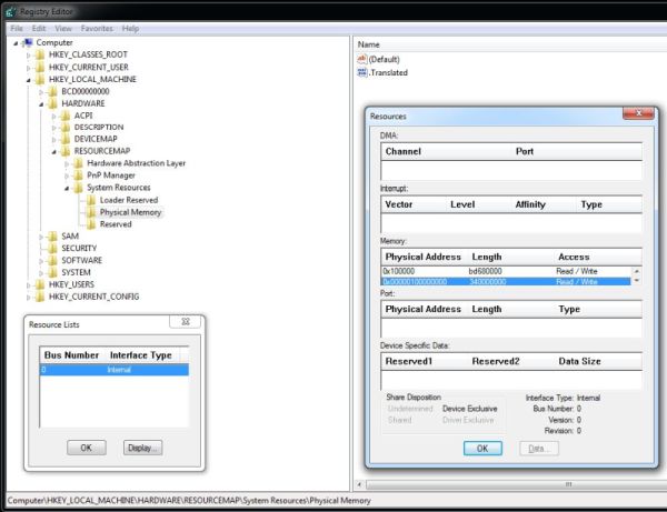 HKLM\HARDWARE\RESOURCEMAP\System Resources\Physical Memory