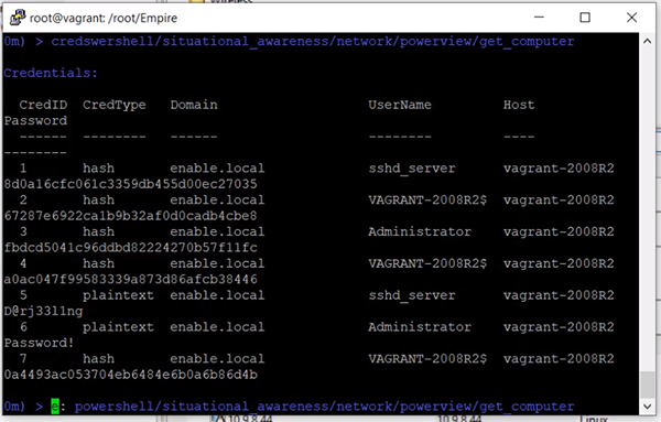 Core Impact PowerShell Empire Harvesting Credentials Screen