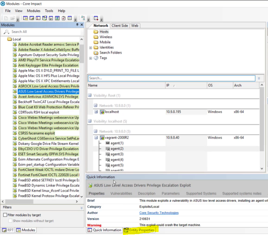 quick information panel in Core Impact
