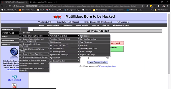 Mutillidae Cross Site Scripting Menu