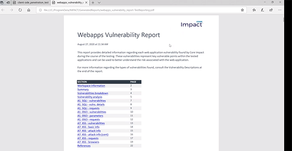 Core Impact Web Application PDF Report
