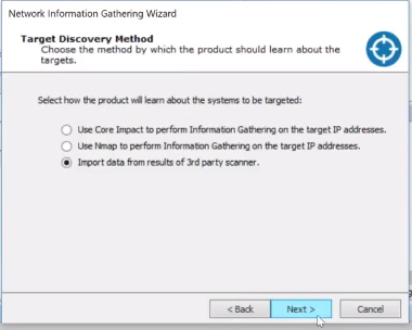 Core Impact Scan Data Import Screen