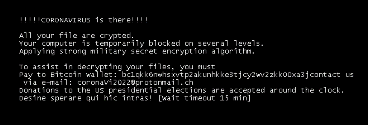 Ransom.CoronaVirus message exposed in infected computers (Threat Research Team repository)