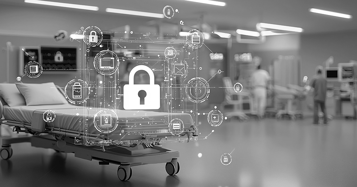 Black and white photo of hospital environment with lock icon overlay