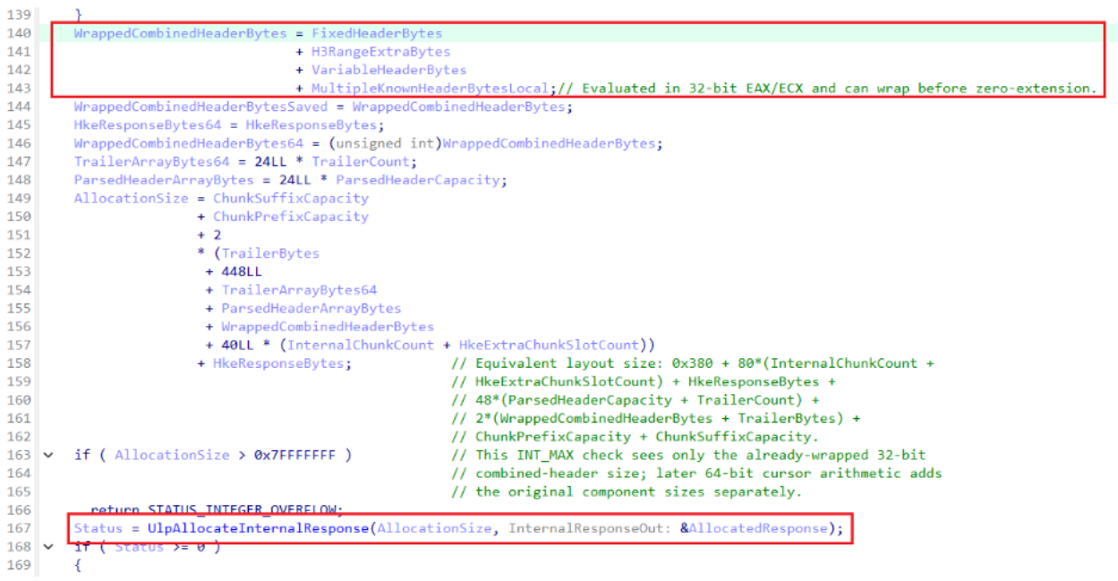 The response-size calculation in UlpCreateInternalResponseOld, with the 32-bit arithmetic and allocation call highlighted.