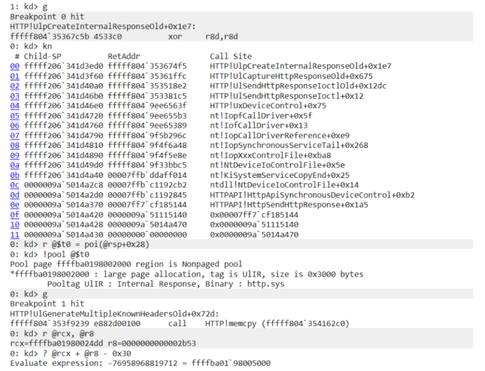 Figure 2. Debugger trace of the HTTP.sys response-construction path.
