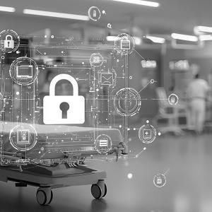 Black and white photo of hospital environment with lock icon overlay